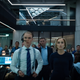 Freddie Fox, Chris Reilly, and Kristin Scott Thomas standing in HQ for Slow Horses